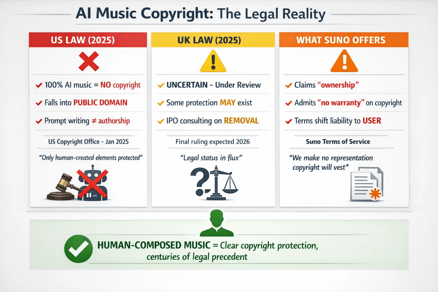 Infographic comparing AI music copyright status across US law (no copyright protection for 100% AI music), UK law (uncertain, under review until 2026), and Suno AI's terms (claims ownership but no copyright warranty), with human-composed music shown as the legally secure option