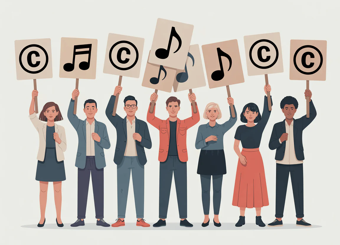 Illustration of diverse musicians and artists standing together in solidarity, holding signs with musical notes and copyright symbols, representing the 200+ artists who signed the open letter against unlicensed AI music generation