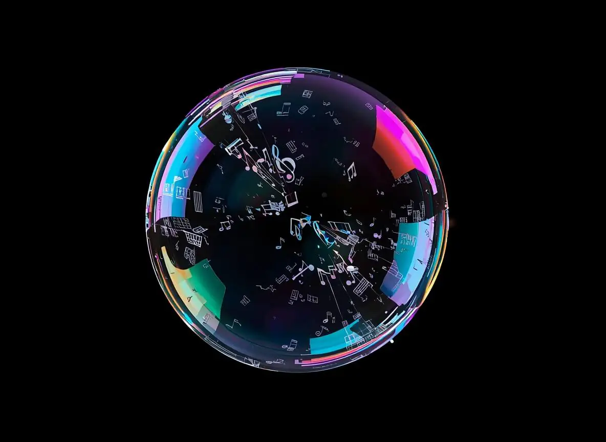 llustration of a fragile soap bubble filled with musical notes and AI circuit patterns beginning to burst, symbolising the precarious legal foundation of AI-generated music that could collapse at any moment