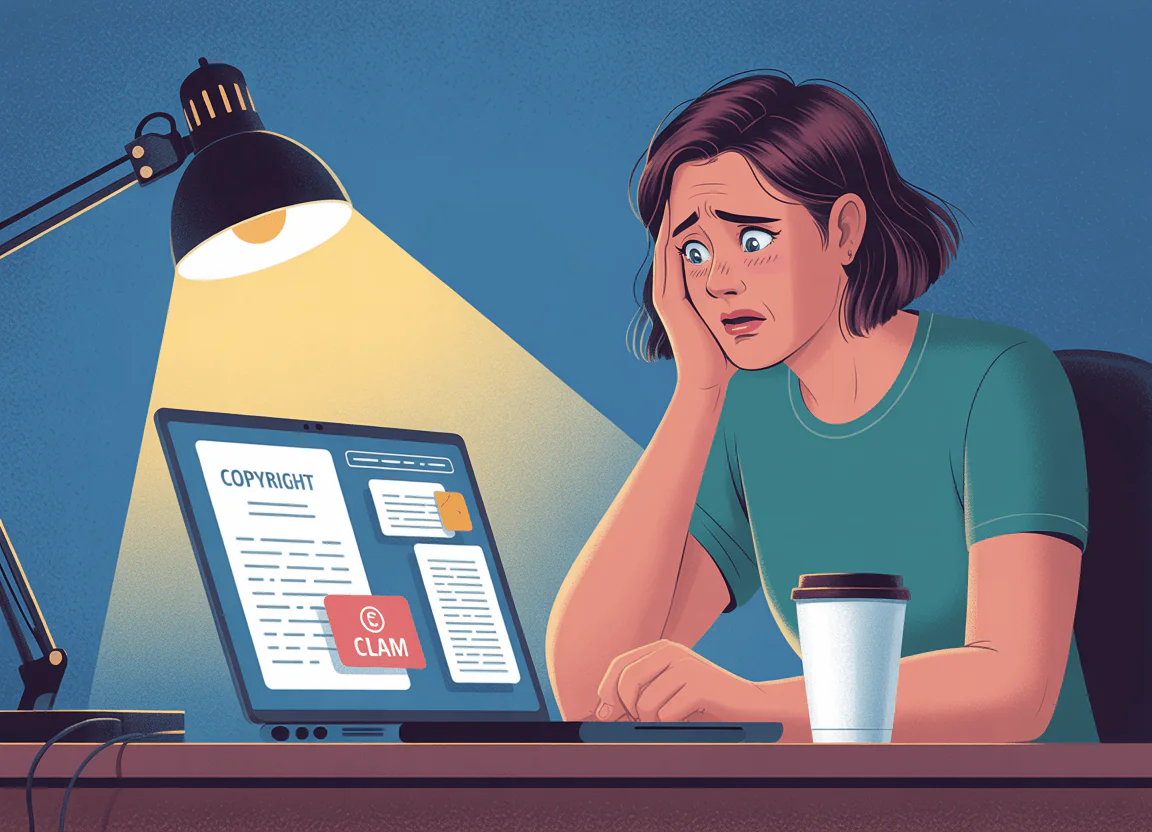 Illustration of a worried content creator working late at night, facing copyright claim notifications on their laptop screen, depicting the stress and uncertainty of dealing with AI music copyright issues without support