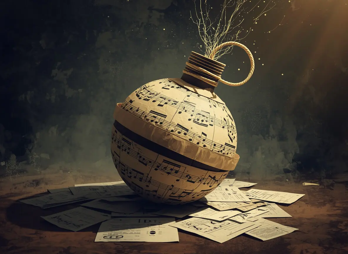 Illustration of a ticking time bomb constructed from musical notes and copyright symbols, representing the legal uncertainties and risks of AI-generated music for content creators