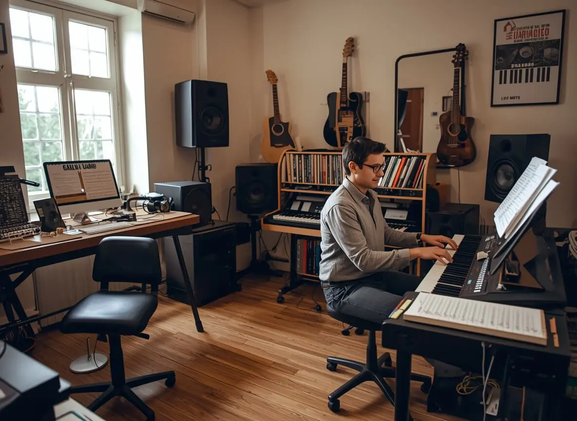 "Photograph" of a welcoming music studio with a composer working at a keyboard surrounded by real musical instruments and sheet music, representing the human creativity and accountability behind traditionally composed royalty-free music
