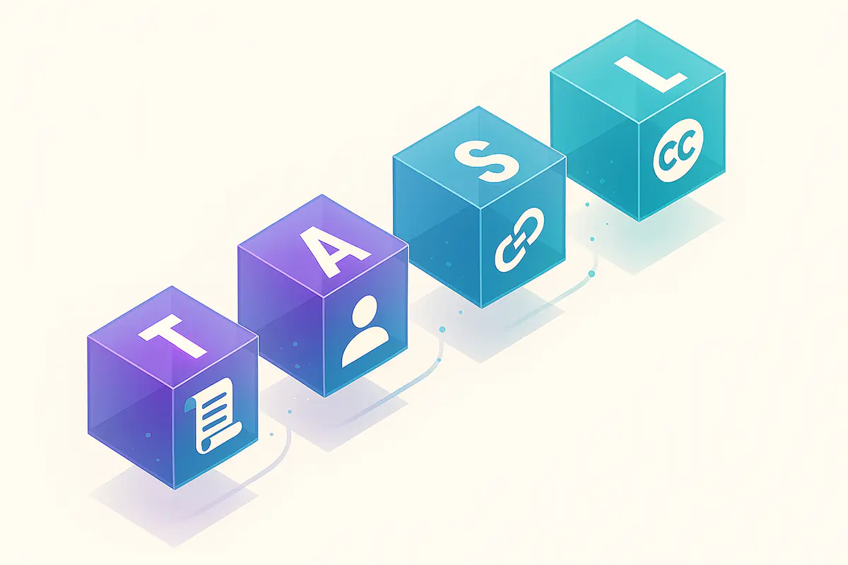 The TASL attribution framework crystallized into geometric perfection, where Title, Author, Source, and License become four pillars of Creative Commons compliance, connected by the invisible threads of mutual respect.