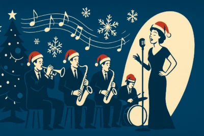 Illustrated swing jazz band with vocalist performing a Christmas song