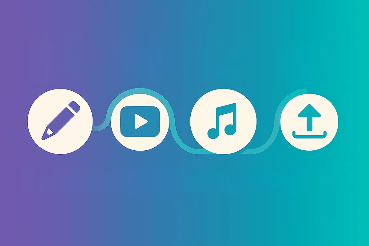 The creator's journey mapped as flowing connections between numbered milestones, where proper music licensing transforms from daunting obstacle course into elegant choreography of creative success