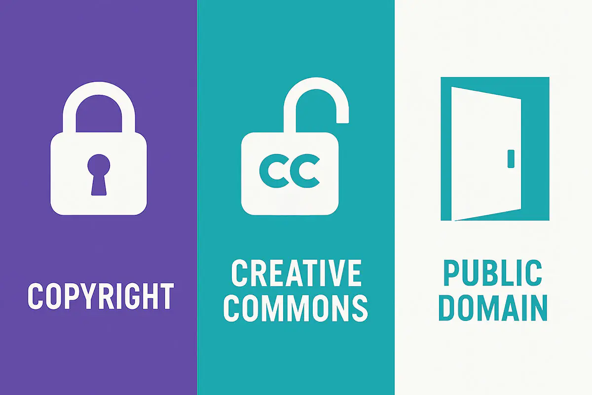 The trinity of creative permissions rendered in minimalist clarity: traditional copyright's locked fortress, Creative Commons' conditional gateway, and public domain's open meadow, each a distinct philosophy of artistic ownership.