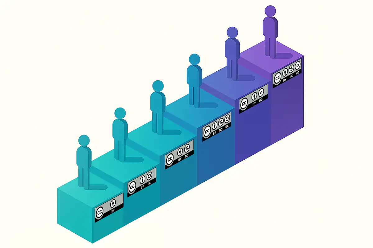 An isometric ascension through Creative Commons licensing tiers, where each geometric platform represents a different balance between freedom and control, painted in gradients from permissive teal to restrictive purple.