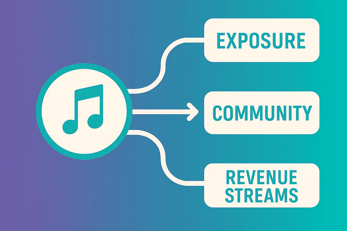 The Creative Commons ecosystem visualized as an interconnected flow of opportunity, where a single musical note cascades into streams of exposure, community, and sustainable revenue through clever attribution economics.