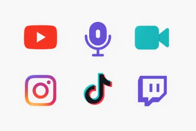 A grid of icons showing possible uses for my music. Youtube logo, a mic ocon to represent podcasting, a video camera icon to represent video and film, and Instagram, TikTok, and Twitch logos.