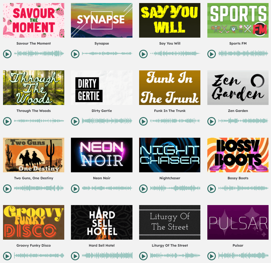 Grid of thumbnails of tracks from the Silverman Sound Studios library