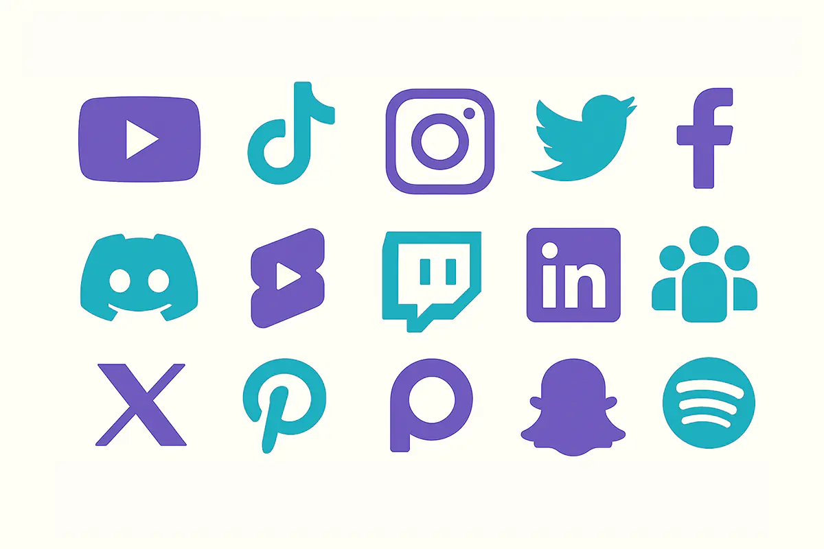 Social platforms reimagined through a cohesive geometric lens, each icon distilled to its essence and unified in purple-teal harmony, representing the multi-platform attribution challenge modern creators face.