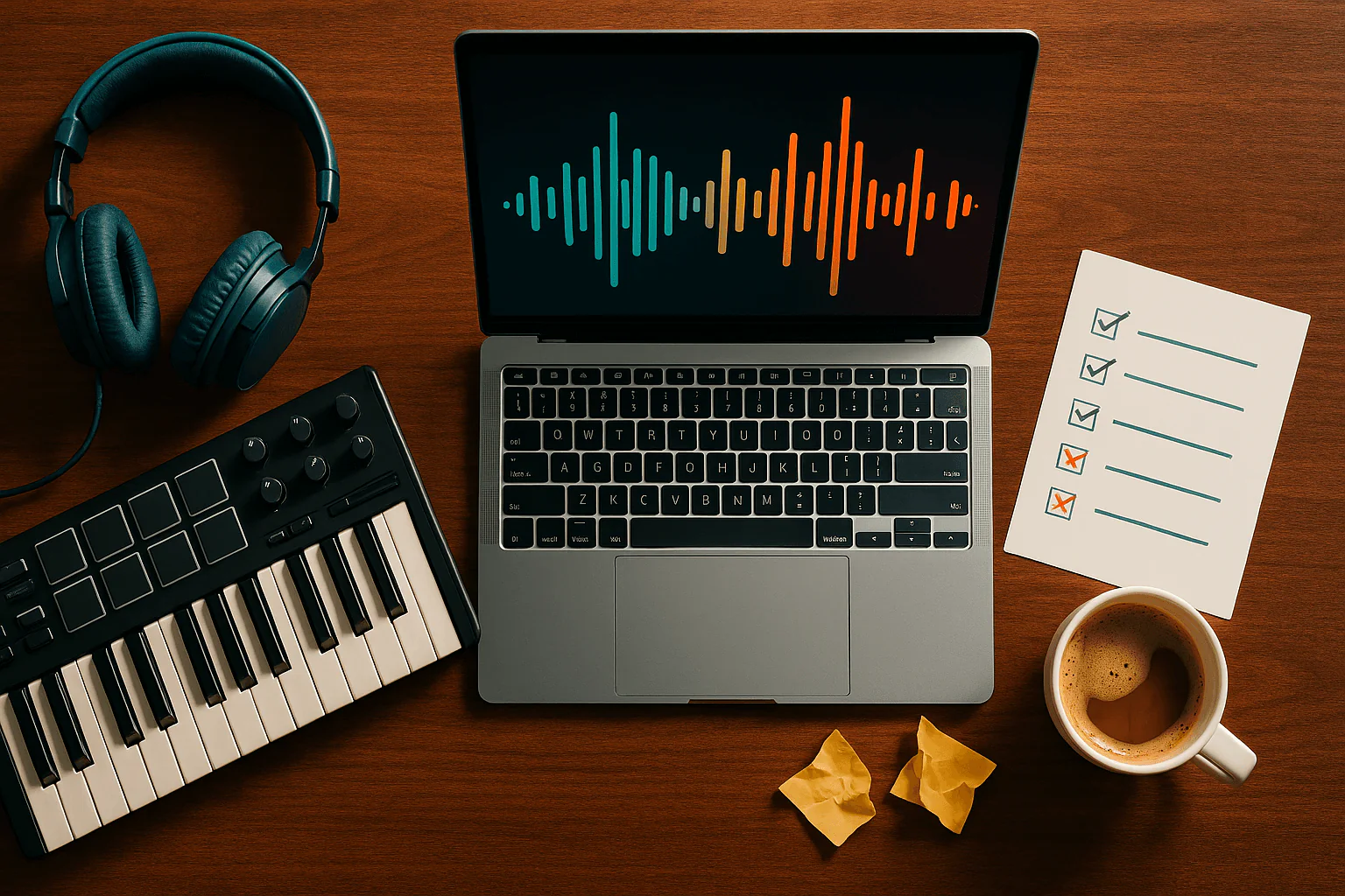 A musician's desk viewed from above featuring a laptop with a colourful audio waveform, a MIDI keyboard, headphones, a checklist with ticks and crosses, and a coffee — representing a curated list of free music resources for content creators.