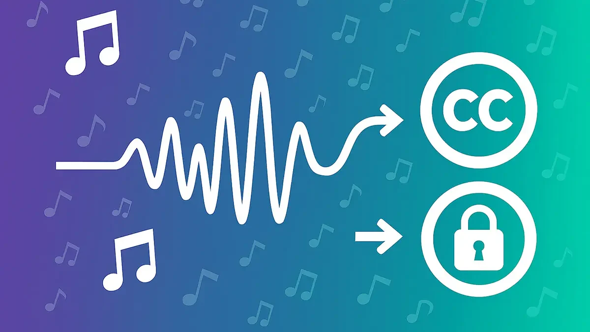 A vibrant visualization where acoustic waveforms metamorphose into CC licensing symbols, illustrating the transformation of creative restriction into collaborative freedom through purple and teal geometric harmonies.
